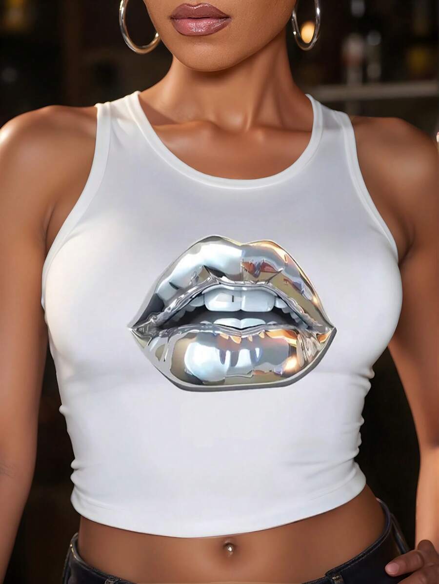 Women Lips Print Round Neck Cropped Fitted Tank Top - White - View 1