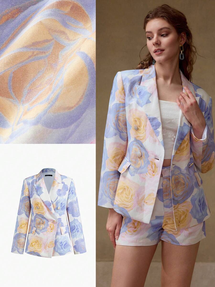 MOTF FLORAL PRINT DOUBLE BUTTON BLAZER - Baby Blue - View 1