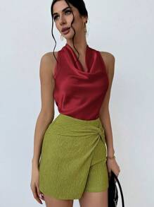 Firerie Áo sơ mi nữ thanh lịch tối giản màu mơ có dây buộc cổ - Màu Đỏ Sâu - Xem 5