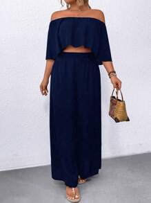 SHEIN LUNE Plus Size 2pcs Set Vacation Casual Solid Color Shoulder Top And Trousers - Navy Blue - View 5