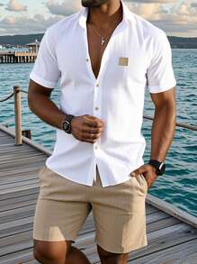 Manfinity Homme Men's Solid Color Simple Short Sleeve Shirt And Shorts Set For Daily Wear - White - View 3