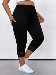 SHEIN CURVE+ Plus Size Women Knitted Elastic 7/10 Length Pants, Lace Trim Hem, Casual Plus Size Ladies Trousers