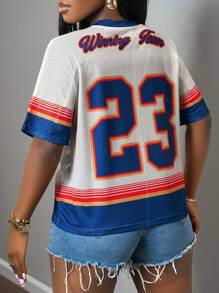 Slaydiva New Spring And Summer Casual Street Sports V-Neck Raglan Short-Sleeved Navy Blue With Red And Yellow Slogan 23 English Printed Apricot Mesh Plus Women's T-Shirt-A Suitable For Going Out - Multicolor - View 2