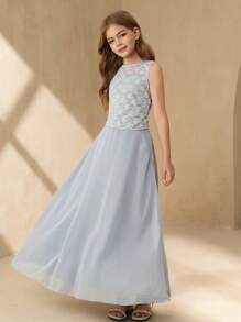 SHEIN Tween Girl Floral Lace Crew Neck Top And Mini Skirt 2 Pieces Set - Dusty Blue - View 7