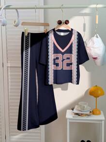 Tween Girl Sporty Lace Bow Numeric Printing Navy Blue Pink Top And Pants 2 Pieces Set,School Back-To-School Summer Cow Boy Casual Minimalist Outfit - Multicolor - View 2