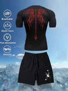 Manfinity Sport Corelite 2pcs Men's Wing Print Raglan Sleeve T-Shirt And Shorts Athletic Tracksuit - Black - View 1