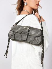 SHEIN SXY 女士、女式单肩包、流浪包、时尚、个性化、多功能、酷炫、街头、铆钉、流苏、青少年、Y2K 包、哥特朋克女包、2000 年代时尚风格女包 - 灰色 - 查看 7