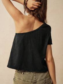 Bohemela Summer Women Vacation Crop Top With Asymmetrical Neck - Black - View 2