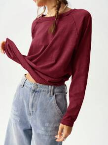 Bohemela Camiseta holgada de manga raglán de cuello redondo de punto de unicolor de vacaciones para mujeres