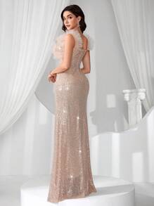 Coutiva Elegant Mesh Sequin Embellished Formal Evening Gown, Party Dress, For Wedding Guest - Apricot - View 3