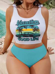 Swim Lushoire Plus Size Women Holiday Tropical Print Twisted Bust Bikini Top For Summer Beach Vacation - Blue - View 3