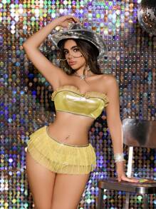 SHEIN 3件套闪亮皮革性感女士内衣 - 黃色 - 查看 5