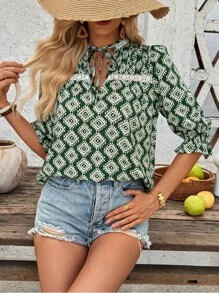 SHEIN LUNE Camicia casual smanicata abbottonata, con stampa geometrica, ampia, da donna