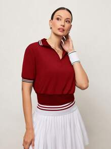 Activina 女士休闲健身字母条纹短袖 Polo 衫 - 紅色 - 查看 4