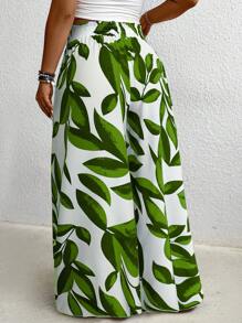 Plus Size Women's Vacation Plant Print Belted Wide Leg Pants Fall Cloth For Women