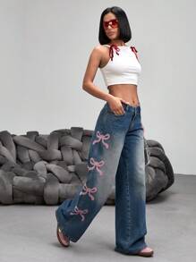 EURMUSE Casual Washed Butterfly Embroidery Wide Leg Jeans - Medium Wash - View 4