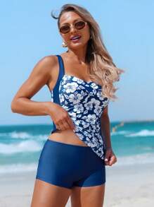 Swim Lushoire New Pattern Dual-Strap Tankini Top & Modest Coverage Boyshort Bottoms 2pcs Swimsuit Set For Summer Beach Vacation - Blue - View 6