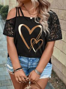 SHEIN Women Plus Size Casual Oblique Shoulder Heart Print T-Shirt