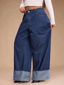 SHEIN Forever 21 春夏大码高腰/阔腿/直筒街头风牛仔裤 - 藍色 - 查看 7