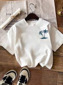 SHEIN EZwear 大码女式节日棕榈树字母印花短袖 T 恤 - 白色 - 查看 2