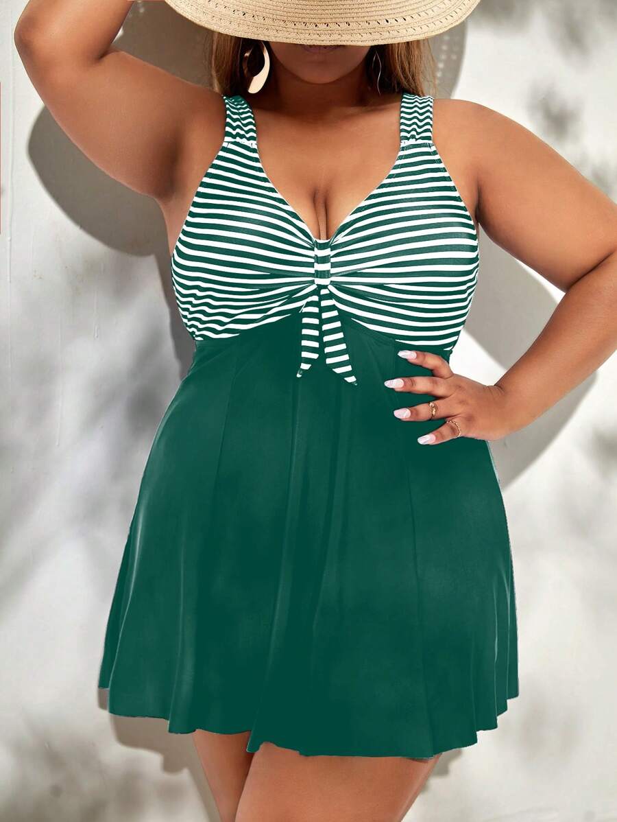 Swim Lushoire Plus Size Women Random Stripe Print Swimming Dress And Triangular Swim Shorts Set For Summer Beach Vacation - Dark Green - View 1
