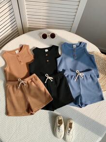 SHEIN Set de 6 piezas de conjunto de camiseta de punto y pantalones cortos casuales y lindos para niño pequeño en verano, paquete básico multipropósito