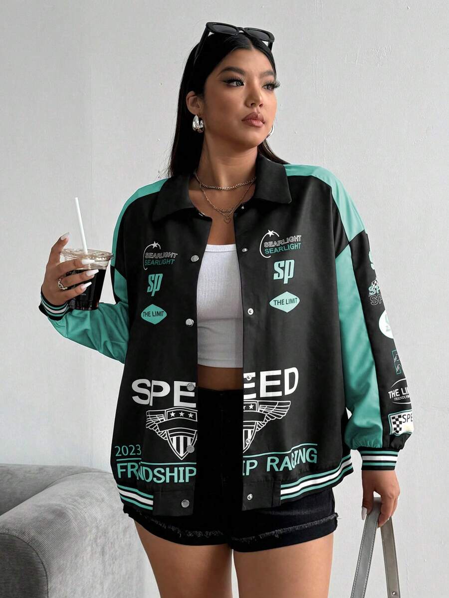 POPSWAY Plus Size Women Cool Pink Splicing Jacket - Mint Green - View 1