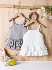 2pcs/Set Young Girl' Comfy Camisole & Ruffle Hem Shorts Set, Casual & Versatile For Spring/Summer - Multicolor - View 5
