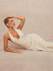 Lumalex 女士3D玫瑰花装饰U领紧身开衩无袖连衣裙 - 杏色 - 查看 6