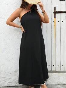 Vestido largo de un solo hombro en unicolor, talla grande, vestimenta casual de verano para mujer