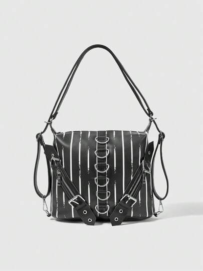 Grunge Punk Black & White Shoulder Bucket Bag, Simple & Practical Multifunctional