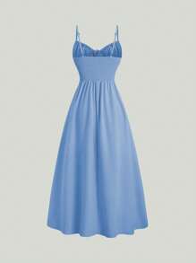 Sweetra Solid Color High Split Casual Vacation Spaghetti Strap Midi Dress Maxi Women Outfit - Blue - View 2