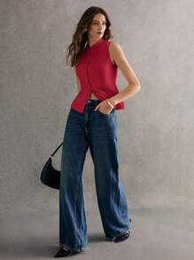 Poéselle Áo ba lỗ không tay cài nút phía trước đơn sắc dành cho nữ, cổ đứng, thường ngày - Màu Hoa hồng đỏ - Xem 7