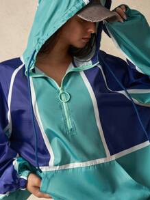 VARSIVA Contrast Color Drawstring Zipper Front Hooded Loose Casual Women Outdoor Jackets