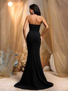 Glamrae Elegant Black Satin Bustier High Waist Fishtail Trailing Evening Gown, Formal, Party Dress, For Wedding Guest - Black - View 3