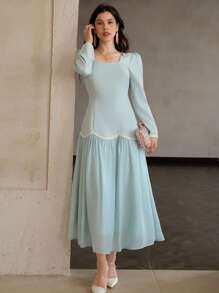 DAZY 女式二合一亮片蕾丝边中长连衣裙女式休闲连衣裙女式连衣裙生日工作秋季连衣裙女式加大太阳裙女式加大服装商务休闲长袖连衣裙