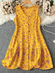 SHEIN LUNE Plus Size Women's Spring/Summer Sleeveless Patchwork Ruffle Hem Simple V-Neck Stripe Print Faux Embroidery Casual Dress, Front Button Design - Multicolor - View 1