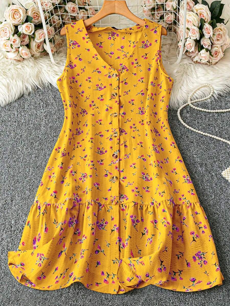 SHEIN LUNE Plus Size Women's Spring/Summer Sleeveless Patchwork Ruffle Hem Simple V-Neck Stripe Print Faux Embroidery Casual Dress, Front Button Design - Multicolor - View 1