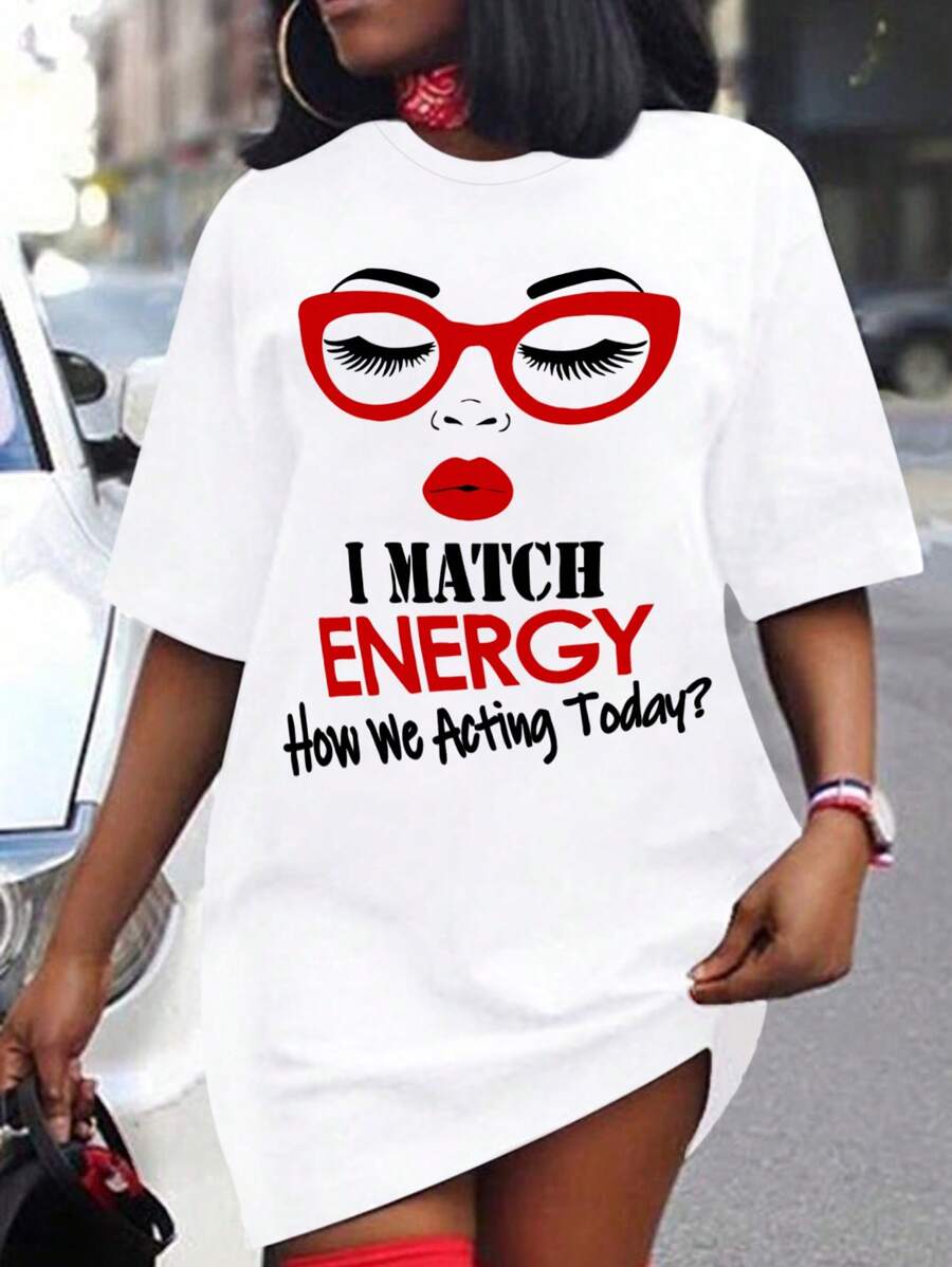 SHEIN CURVE+ 大码女式标语和图案印花圆领短袖休闲连衣裙 - 白色 - 查看 1