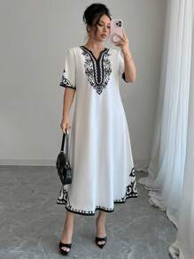 Elenzga 女士优雅复古印花V领连衣裙