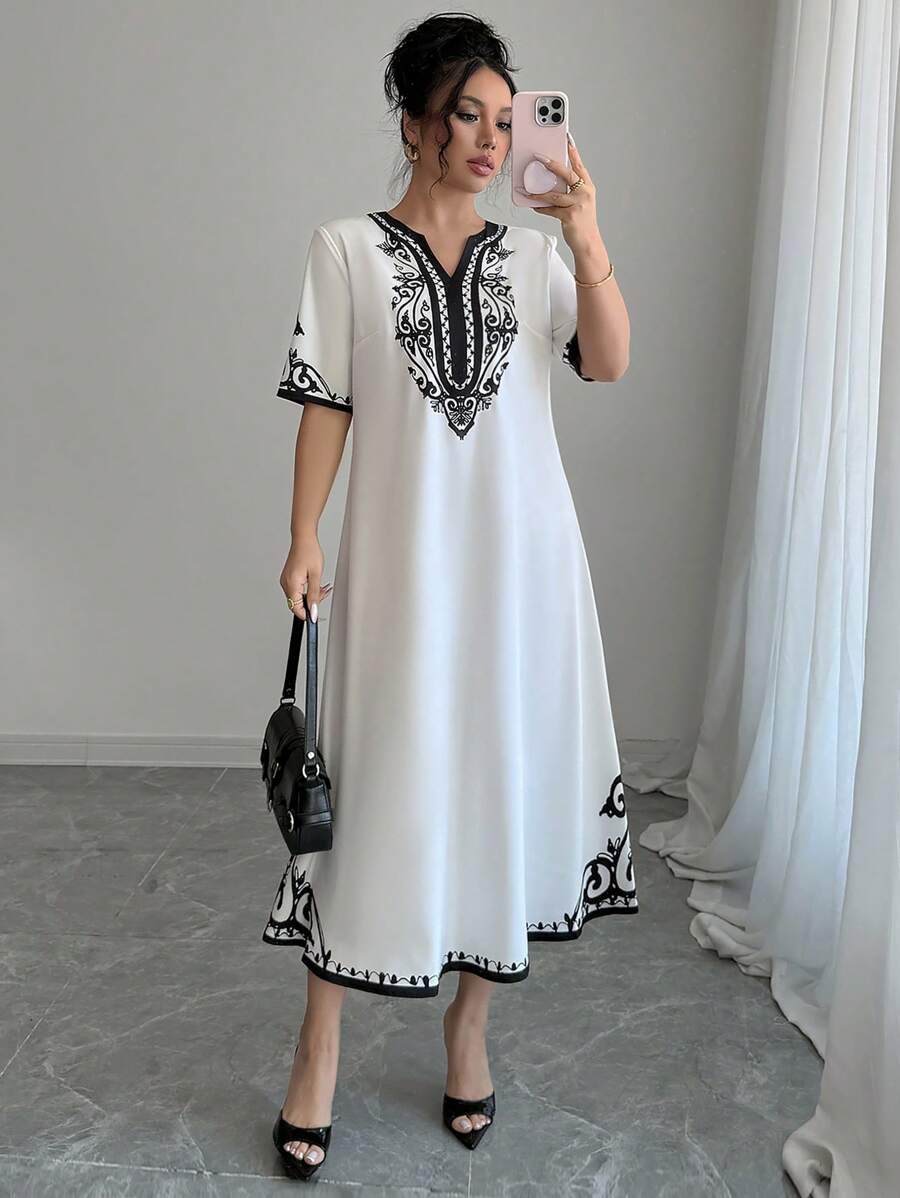 Elenzga 女士优雅复古印花V领连衣裙