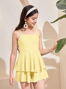 SHEIN Tween Girls Solid Color Up Backless Layered Hem Cami Large Bow Decoration On The Back Jumpsuit, Halter Jumpsuit, Playsuit, Summer Fresh , Daily Outing Vacation,Suitable For Spring Vacation, Pastoral Style