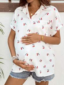 SHEIN Cherry Print Batwing Sleeve Casual Shirt For Pregnant Women - White - View 1