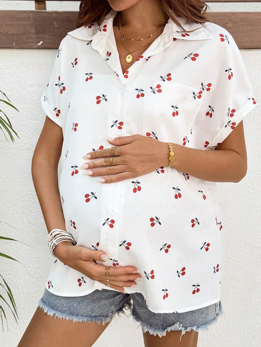 SHEIN Cherry Print Batwing Sleeve Casual Shirt For Pregnant Women - White - View 1