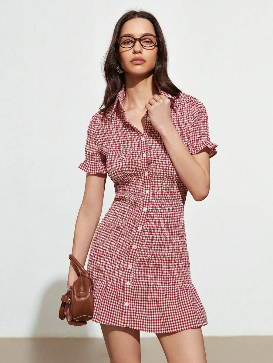 Aveloria Affinna Nuevo vestido mini ajustado de manga corta con volante en el bajo, cintura fruncida, botones delanteros y estampado de cuadros para mujer, apto para primavera/verano