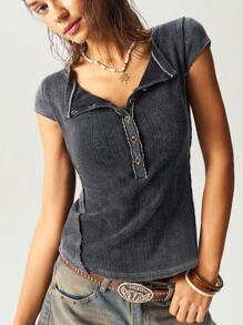 Bohemela Women's Fitted Washed Denim V-Neck Short Sleeve Top, Casual Knit Fabric, Summer Easter