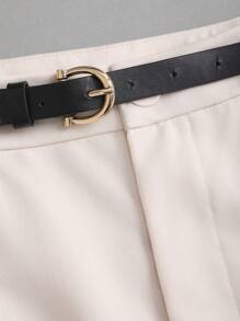 Sweetra Women's Apricot Metal Waist Belt Decor Commuting Versatile Casual Pleated Straight Leg Pants, Spring/Summer,Women Casual, Daily, Commute, Shopping Waist Design Pants
