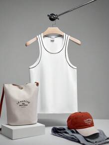 SHEIN Forever 21 Men White Muscle Top With Contrast Embroidery, Summer/Beach Men/Men Tops/Summer Tops/Basic - White - View 1