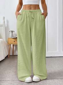 SHEIN EZwear 浅绿松石色女式梭织长裤，夏季时尚 - 青檸色 - 查看 3