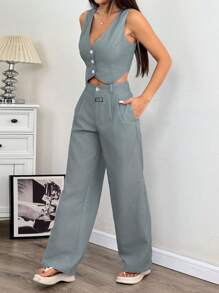 SHEIN EZwear 女士亚麻简约条纹印花抹胸长裤两件套秋冬 - 墨綠色 - 查看 6